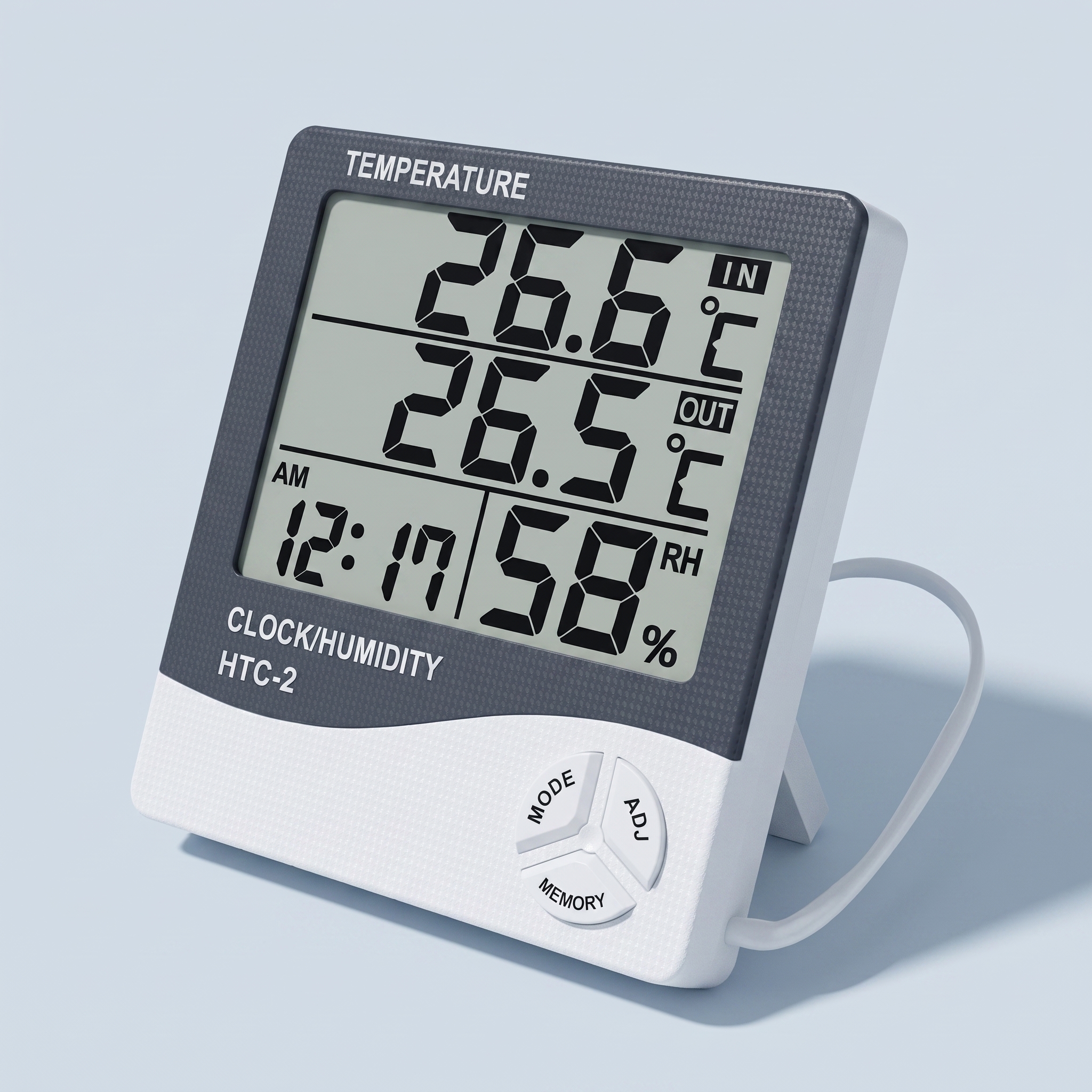 HTC‑2 Digital LCD Thermometer Hygrometer & Clock – IndoorOutdoor Sensor (2) HTC-2 ترمومتر ومقياس رطوبة وساعة رقمية بشاشة LCD