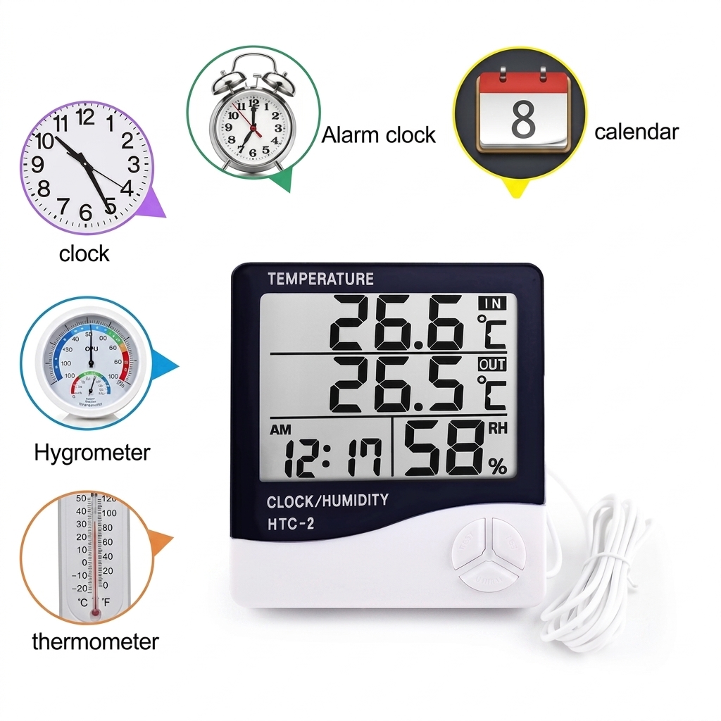 HTC‑2 Digital LCD Thermometer Hygrometer & Clock – IndoorOutdoor Sensor HTC-2 ترمومتر ومقياس رطوبة وساعة رقمية بشاشة LCD