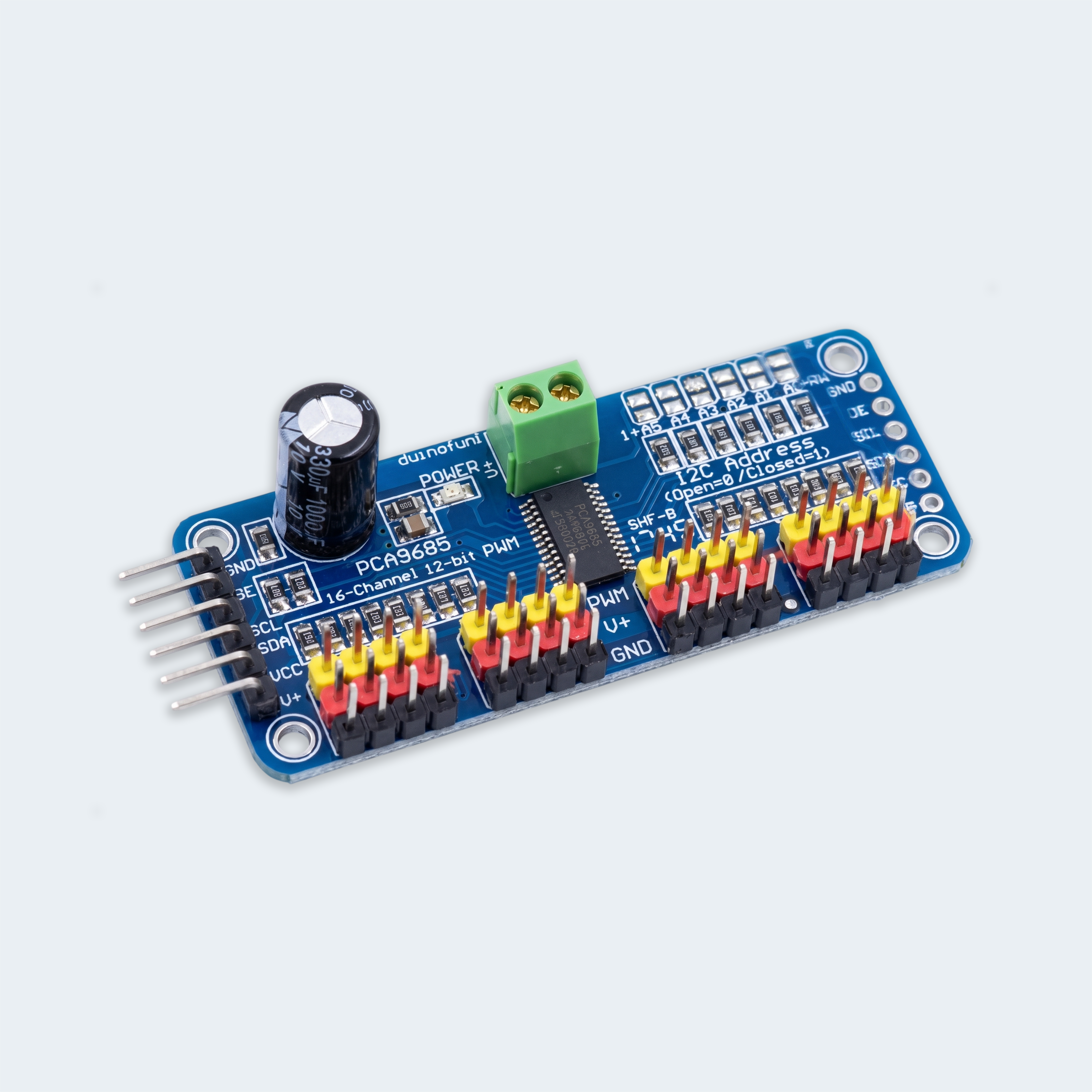 PCA9685 16‑Channel 12‑Bit PWM Servo Driver – External Servo Power Supply 2 PCA9685 16-Channel 12-Bit PWM Servo Driver – External Servo Power Supply