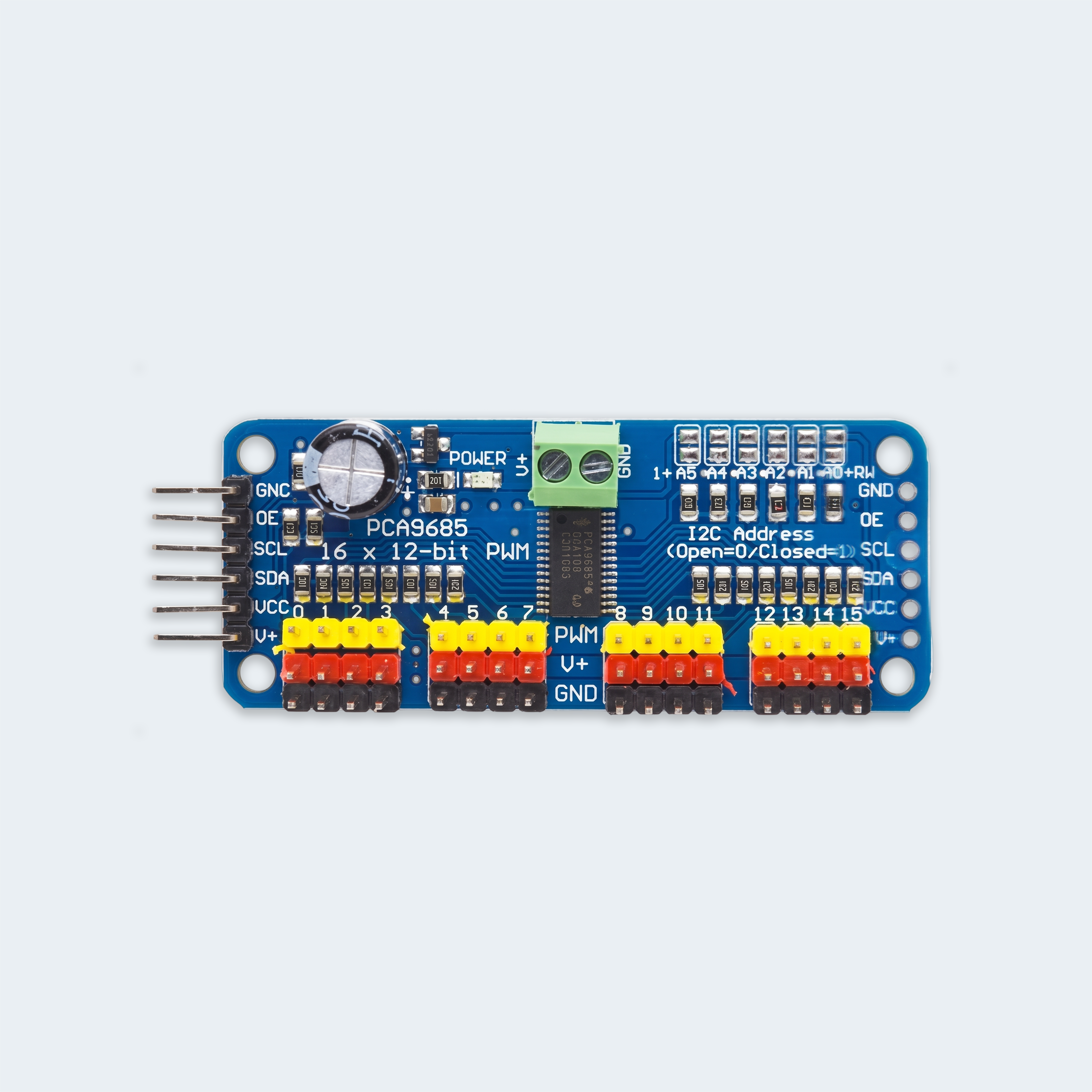 PCA9685 16‑Channel 12‑Bit PWM Servo Driver – External Servo Power Supply PCA9685 16-Channel 12-Bit PWM Servo Driver – External Servo Power Supply
